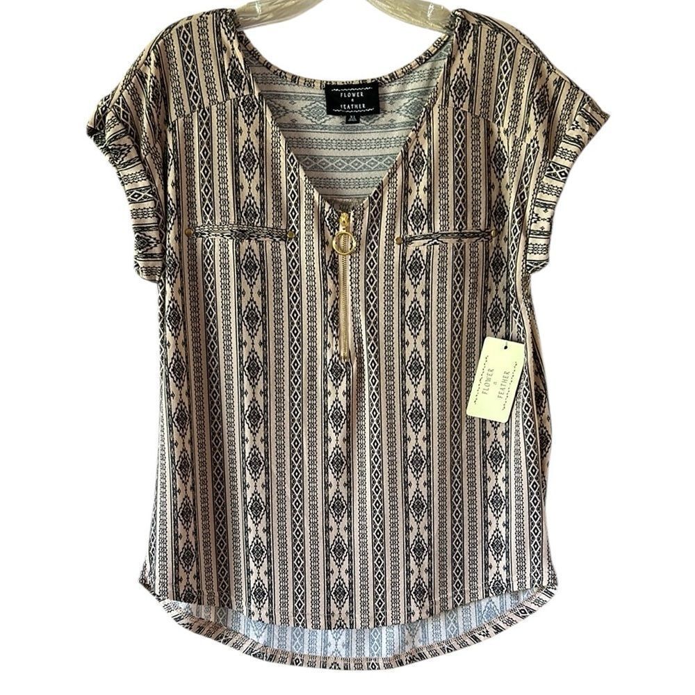 NEW Flower & Feather Tan And Black Top